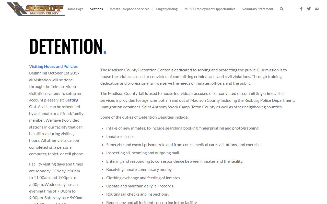 Madison County Jail detention page for Teton County inmate population housing and visitation