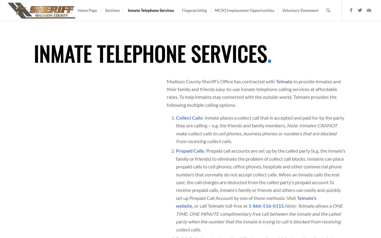Madison County Jail inmate telephone services for Teton County inmates
