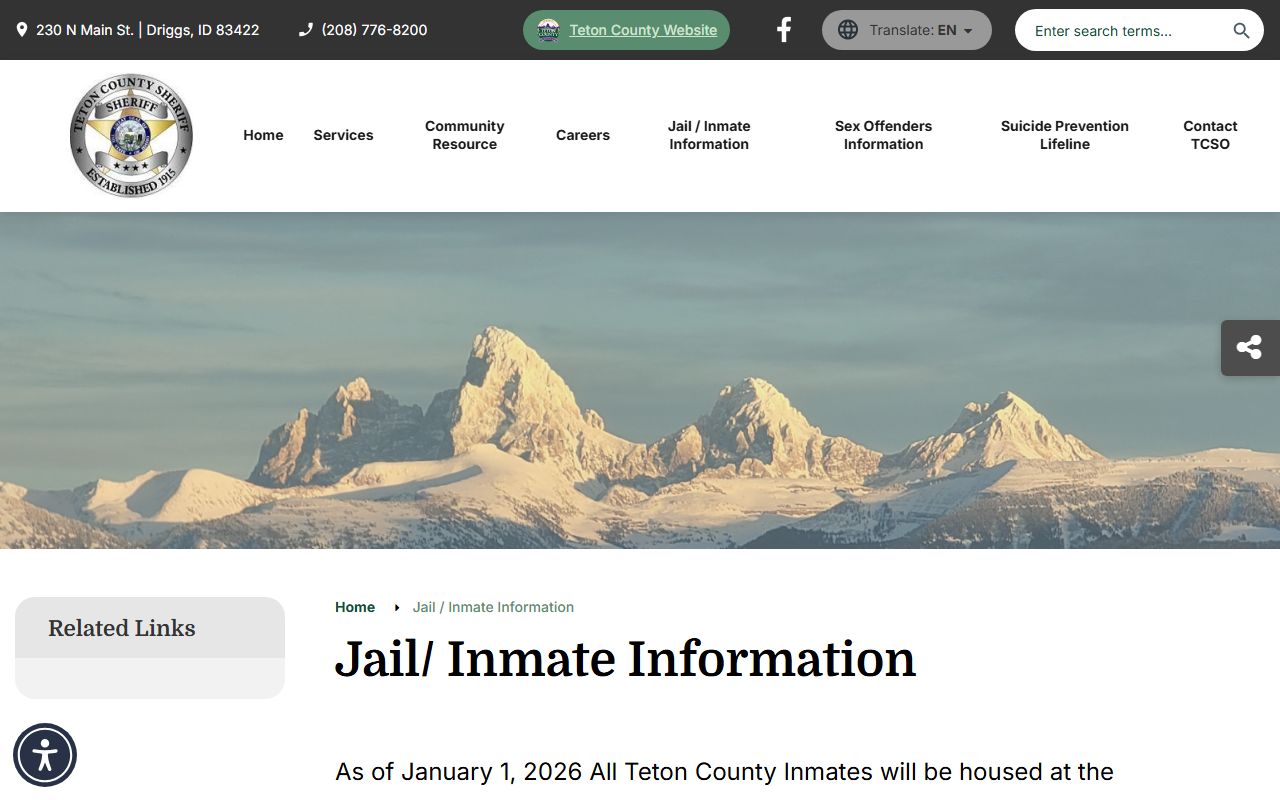 Teton County inmate population jail information page showing Madison County Jail housing notice